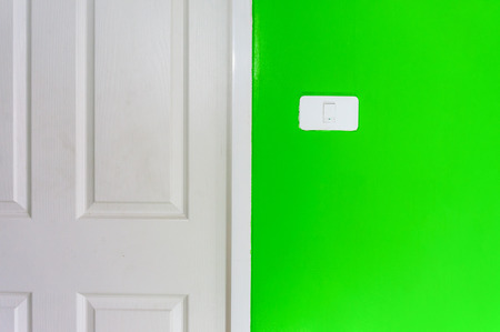 Simple light switch on a green wall with white door