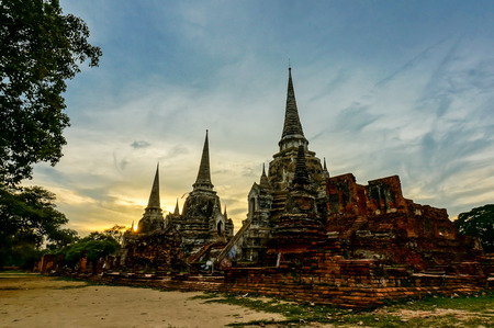 Ancient pagoda at Wat Phra Sri Sanphet temple under blue sky. Ayutthaya, Thailandの写真素材