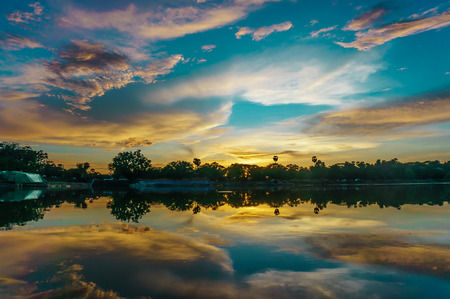 Blurred abstract View of sunset reflect on river front of Angkor Wat Temple, Siem Reap, Cambodia.