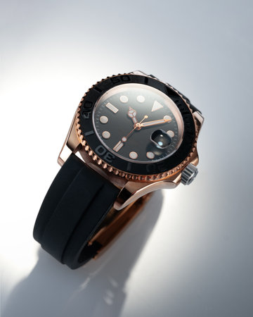 Luxury elegant gold men's watch with a dark dial and a black strap on a beautiful background with light elements, watch advertising for watch shops. Expensive man or woman accessorの写真素材