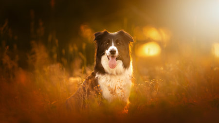 Beautiful border collie dog on a beautiful summer background at sunsetの写真素材