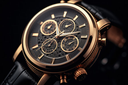 Wrist watch closeup. Luxury wristwatch with gold dial.の素材