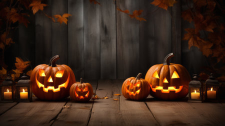 Halloween pumpkins with candles on wooden background. Halloween concept.の素材