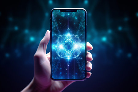 Smartphone in hand on dark blue background toned imageの素材
