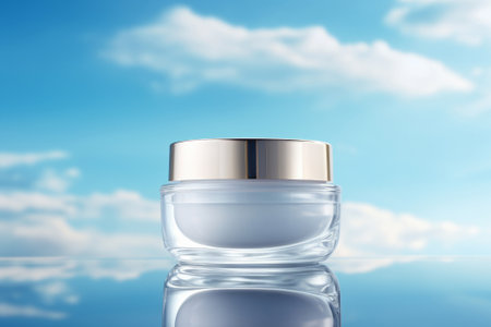 Cosmetic cream bottle on blue sky background.の素材
