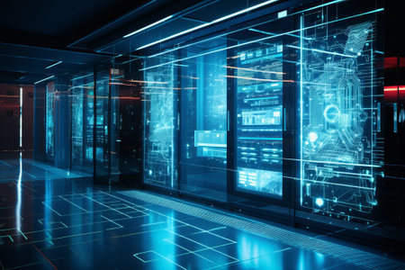 server room with digital interface and data on screenの素材