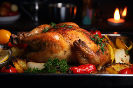 Roasted whole chicken with vegetables on baking tray on wooden table, closeupの素材