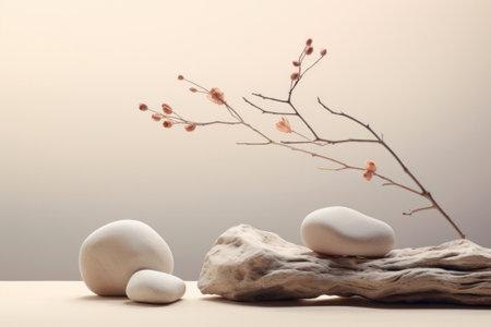 Still life with white stone and tree branch on wooden background. Minimal style.の素材