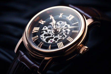 Wristwatch on black background. Close up of luxury wrist watch.の素材