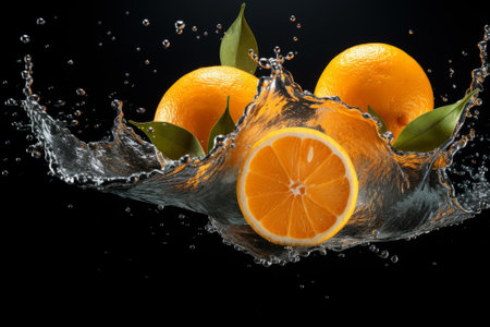 Fresh orange with water splash isolated on black background.の素材