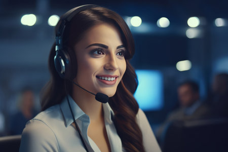 Portrait of smiling customer support phone operator in headset at office.の素材