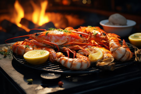 Cooking shrimps with lemon and herbs on a barbecue grillの素材