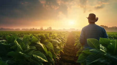Man in a hat standing in a field of tobacco at sunset.の素材