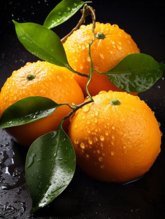 Ripe tangerines with green leaves on a black background.の素材