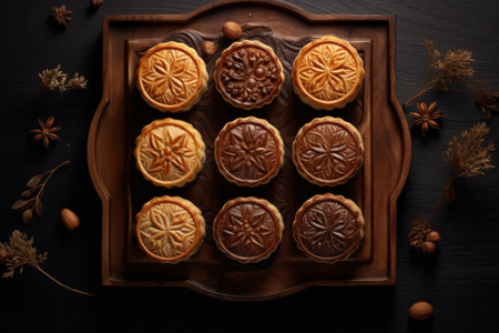 Moon cakes on a wooden tray on a black background, top viewの素材
