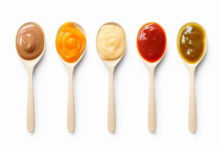 Set of various sauces in wooden spoons isolated on white background.の素材