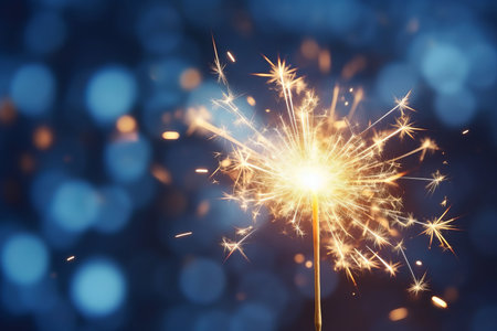 Burning sparkler on blue bokeh background. New year celebrationの素材