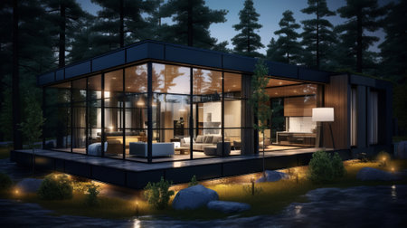 modern luxury house in the forest at night timeの素材