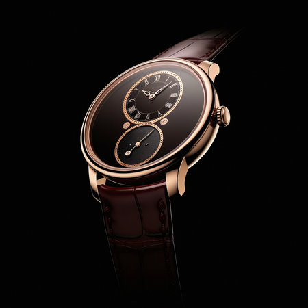 Wrist watch with brown leather strap on black background.の素材