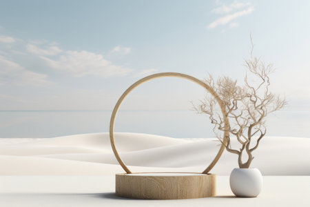 abstract minimal scene with wooden podiums on the background of the sea and blue sky.の素材