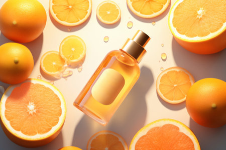 Bottle of perfume and citrus fruits on light background, top viewの素材