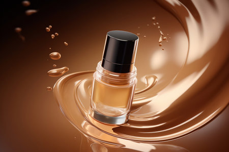 close up of  a nail polish bottle on brown background with splashesの素材