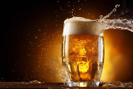 Frosty glass of beer with splashes on a dark backgroundの素材