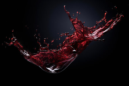 splashes of red wine on a black background.の素材