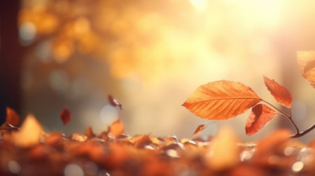 Autumn leaves on the ground in sunny day. Beautiful nature backgroundの素材