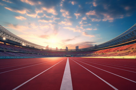 Red running track in stadium at sunset.の素材