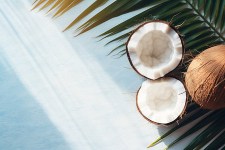 Coconut and palm leaves on white background. Top view with copy spaceの素材