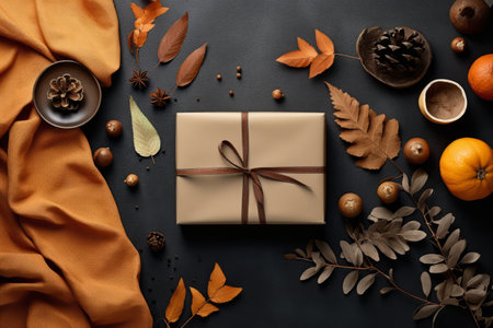Beautiful autumn composition with gift box and dried leaves on black backgroundの素材