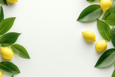 Creative layout made of lemons and green leaves on white background. Flat lay, top view, copy spaceの素材