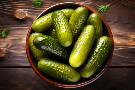 Pickled cucumbers in a bowl on a wooden background. Selective focus.の素材