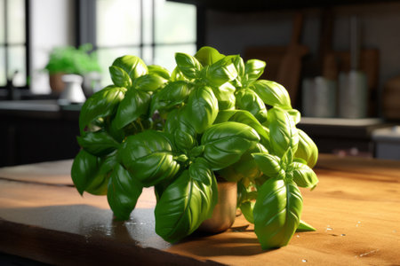 Basil plant in a pot on a wooden table in a kitchenの素材