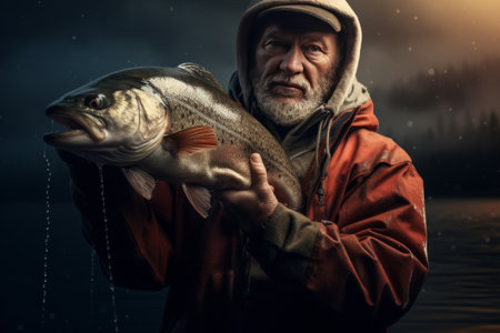 Fisherman holding a rainbow trout in his hand. Fishing concept.の素材