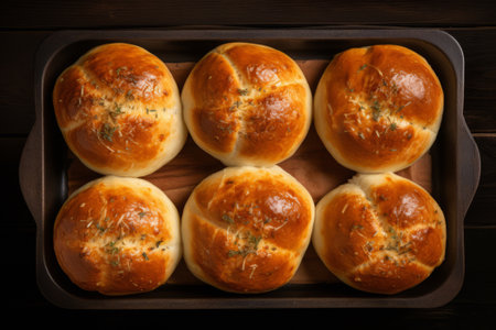 Freshly baked buns with dill on a wooden background.の素材