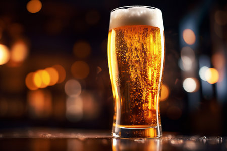 Glass of beer on bar counter with bokeh lights background.の素材
