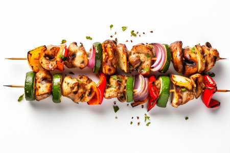 Chicken shish kebab on skewers with vegetables on white backgroundの素材