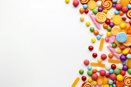 Colorful candies on white background. Top view with copy spaceの素材