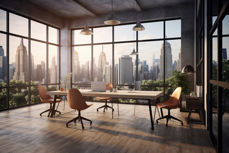 Modern meeting room interior with city view and daylight.の素材