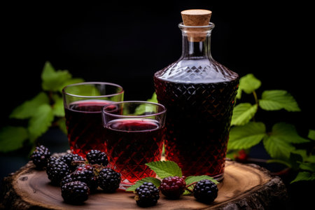 Blackberry liqueur with fresh berries and leaves on wooden backgroundの素材