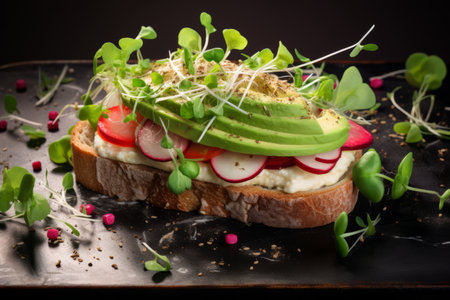 Vegetarian sandwich with avocado, radish and microgreens on a black backgroundの素材