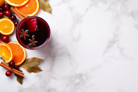 Mulled wine with spices on white marble table, top viewの素材