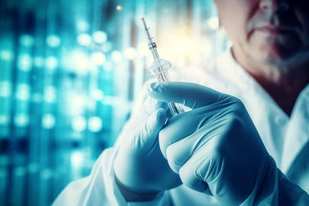 Close-up image of scientist holding syringe against blue glowing backgroundの素材
