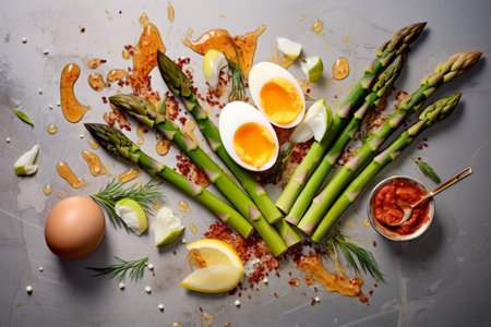 Green asparagus with boiled eggsnaise and mustardの素材