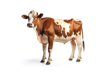Cute brown and white cow looking at the camera isolated on white backgroundの素材