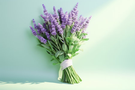 Bouquet of lavender flowers on a green background with copy spaceの素材