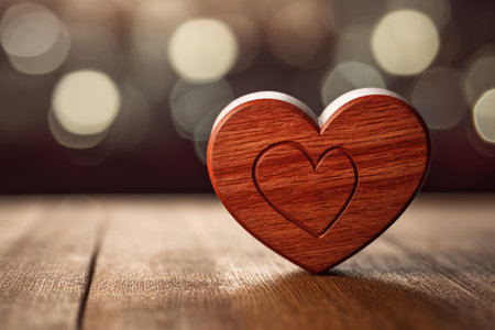 Wooden heart on a wooden table with bokeh background.の素材