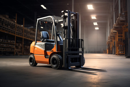 Forklift loader in warehouse. Industrial background.の素材